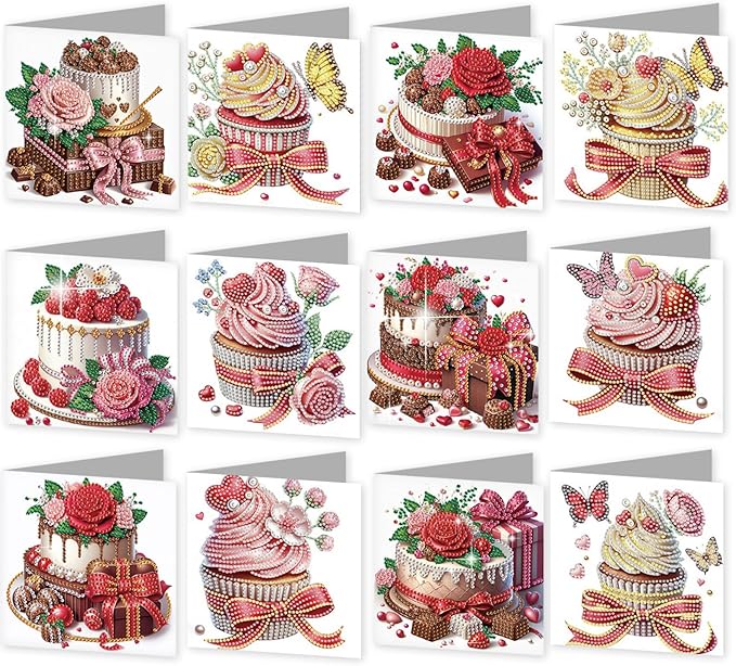 jinglinhh 12pcs Valentine's Day Diamond Art Painting Cupcake Rose Flower Butterfly Greeting Cards with Envelopes, DIY Card Making Kits for Adults, Diamond Art Birthday Holiday Cards Craft Gifts