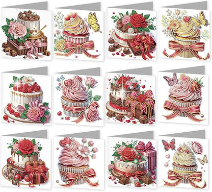 jinglinhh 12pcs Valentine's Day Diamond Art Painting Cupcake Rose Flower Butterfly Greeting Cards with Envelopes, DIY Card Making Kits for Adults, Diamond Art Birthday Holiday Cards Craft Gifts