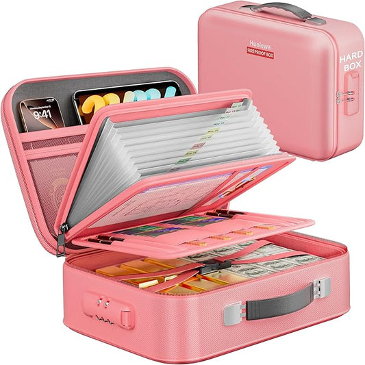 Fireproof Document Box, Hard Case Fireproof Box with Lock, Portable Hard-Shell Fireproof Water Resistant Document Safe for Important Documents, Laptops, Passports, Files and More (Pink)