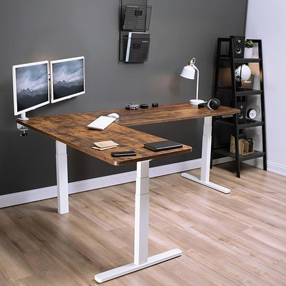 VIVO Electric Height Adjustable 83 x 60 inch Corner Stand Up Desk, 2 Rustic Vintage Brown Solid Table Tops, White Frame, Memory Controller, L-Shaped Workstation, 3E Series, DESK-KIT-3E8WN