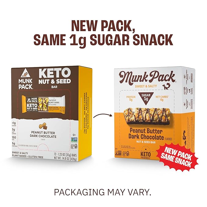 Munk Pack Peanut Butter Dark Chocolate Nut & Seed Snack Bars Stocking Stuffers | 5g Protein, 1g Sugar, 3g Net Carbs | Plant-Based, Low Sugar, Non-GMO, Gluten-Free Snacks | 12 Count (4.92 oz)