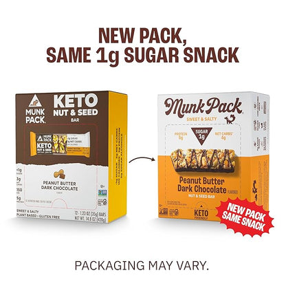 Munk Pack Peanut Butter Dark Chocolate Nut & Seed Snack Bars Stocking Stuffers | 5g Protein, 1g Sugar, 3g Net Carbs | Plant-Based, Low Sugar, Non-GMO, Gluten-Free Snacks | 12 Count (4.92 oz)