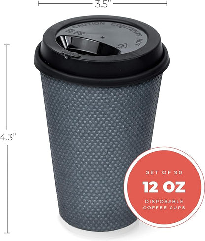 Disposable Coffee Cups With Lids - 12 oz Togo Coffee Cup With Lid (80 Set). Large To Go Travel Paper Hot Cups Insulated For Hot and Cold Beverage Drinks, No Sleeves Needed (Dusk Grey)