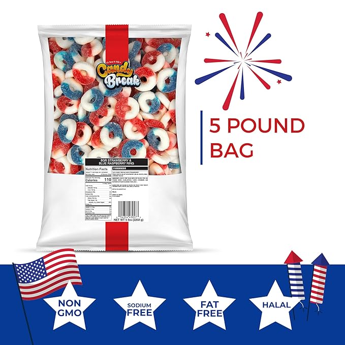 Candy Break Strawberry & Blue Raspberry Rings Bulk Gummy Candy, 5 lbs Bag, Share Size Bags - Sweet & Chewy Snacks for Kids & Grown Ups, Party Size (Pack of 1)