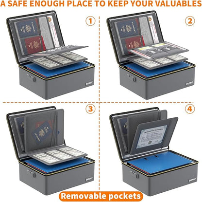 ENGPOW Fireproof Document Box, Hard Case File Box with Fireproof Zipper＆Lock, 6400°F Heat Insulated Fire and Water Resistant File Organizer Storage Safe for Important Documents Laptop Cash, Gray