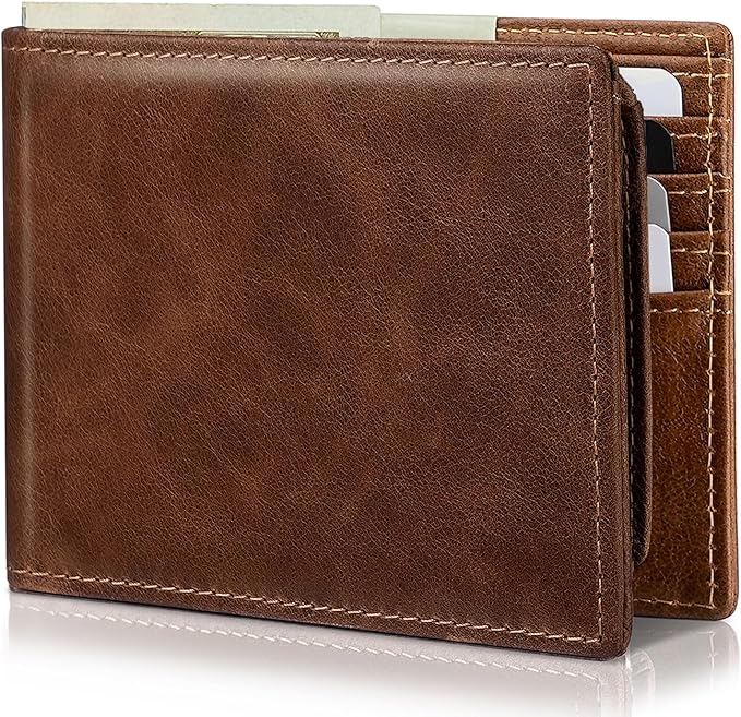 Mens Wallet Bifold Genuine Leather RFID Blocking Wallet for Men with 2 ID Windows 11 Card Holders 2 cash pockets 1 Gift Box