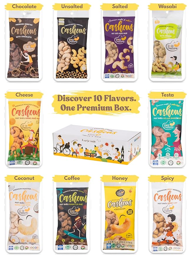 Gold Cashew Variety Pack – 10 Roasted Cashew Flavors (Coconut, Wasabi, Honey, Spicy, Salted, Unsalted, Coffee, Cheese, Chocolate, Testa) – 10 x 50g Bags – Vietnamese Snack Gift Box for Family, Non GMO