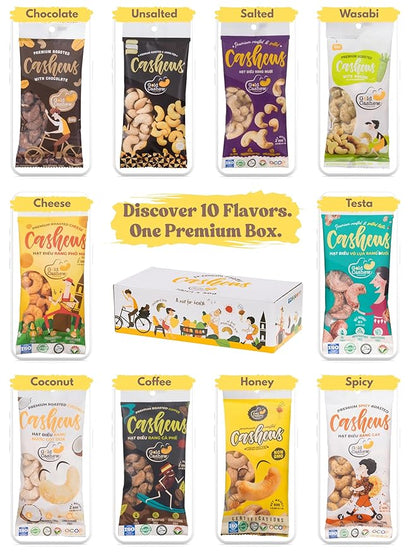Gold Cashew Variety Pack – 10 Roasted Cashew Flavors (Coconut, Wasabi, Honey, Spicy, Salted, Unsalted, Coffee, Cheese, Chocolate, Testa) – 10 x 50g Bags – Vietnamese Snack Gift Box for Family, Non GMO