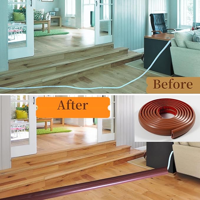 3.3ft Self Adhesive Floor Cord Cover,Heavy Duty Soft PVC Cable Protector and Extension Cord Hider,Cord Management System to Hide Wires on Floor,Cable Cavity:0.61"(W) x 0.32"(H) Walnut Wood