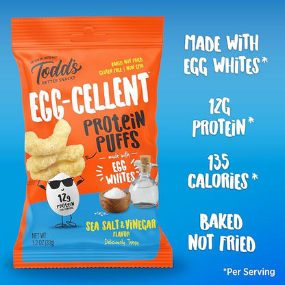 Todd's Better Snacks Egg-Cellent Protein Puffs, Sea Salt & Vinegar – 12g Protein, Gluten-Free, Paleo-Friendly, Baked, GLP-1 Compliant – Healthy Snack, Made with Egg Whites – 1.2 Oz (Pack of 10)