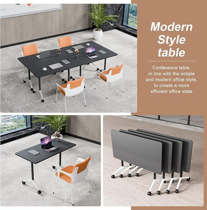Folding Conference Table, Conference Room Tables Foldable Large Meeting Seminar Table on Wheels,Flip Top Boardroom Training Tables for Office, Classroom,Meeting (4, Black, 70.8)