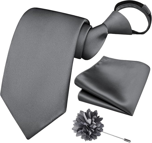 Branduce 3.15"（8cm） Pre-tied Adjustable Zipper Tie and Lapel Pin Solid Necktie Handkerchief Set for Men
