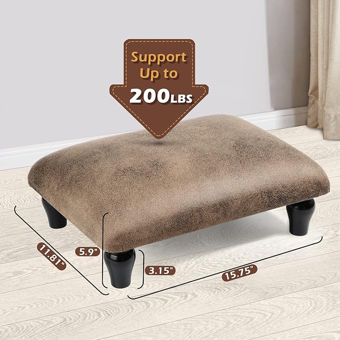 Small Foot Stool Ottoman with Stable Wood Legs Upholstered Footstool Padded Foot Rest Step Stool for High Beds Seat Chair Couch Sofa Patio Bedroom Living Room Office (5.9" H-Shallow Brown)
