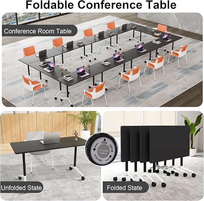 Folding Conference Table, 6 Pack Foldable Rolling Conference Room Tables Meeting Seminar Table Modern Conference Training Table for Office Classroom(Black, 47.2IN, 6)