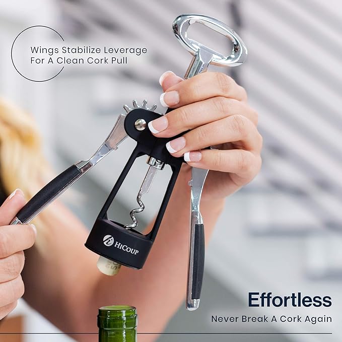 HiCoup Corkscrew Wine Opener - Ergonomic, Double Winged Beer and Wine Bottle Openers - Easy to Use, Stainless-Steel Corkscrews with Stopper & Gift Box - Kitchen Accessories - Matte Black
