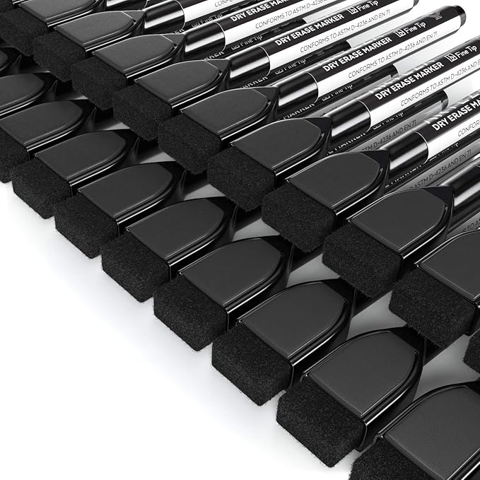 ARTEZA Black Dry Erase Markers with Erasers – Pack of 36 Magnetic Fine Tip Whiteboard Pens with Low-Odor Ink for School, Office & Home Use