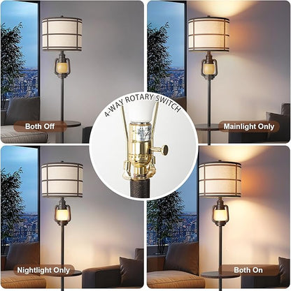 Rustic Farmhouse Metal Tray Floor Lamp For Living Room With Nightlight Vintage Tall Lamp With Linen Fabric Shade Industrial Standing Lamp For Bedroom Office Home House Study (Bulb Included)