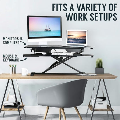 TechOrbits Standing Desk Converter-32-inch Height Adjustable, MDF Wood, Sit Riser-Black, 32"