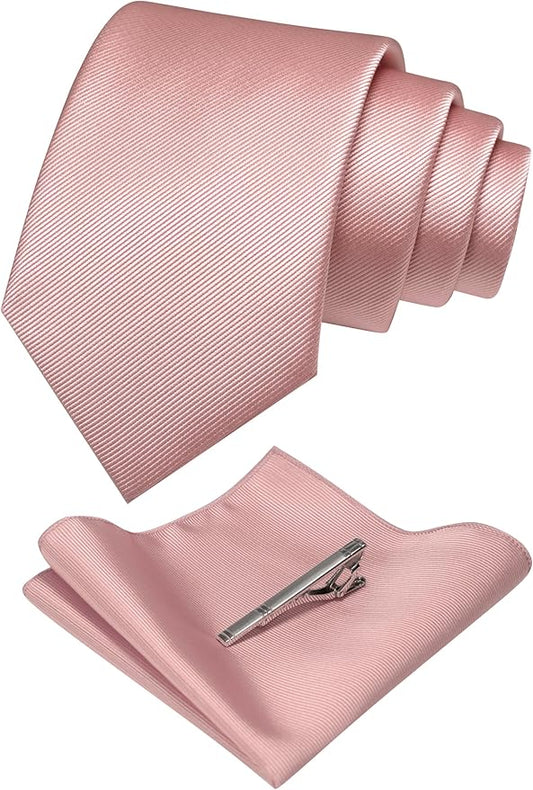 JEMYGINS Solid Color Formal Necktie and Pocket Square Tie Clip Sets for Men