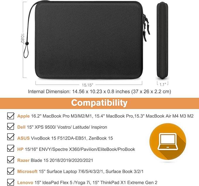 FINPAC Hard Laptop Sleeve Case for 15.3 inch MacBook Air M4 M3 M2 2025 2024, 16.2 inch MacBook Pro M4/M3/M2/M1 Pro/Max A2991 A2780 A2485 A2141, Waterproof Case for Surface Laptop/Book, Black