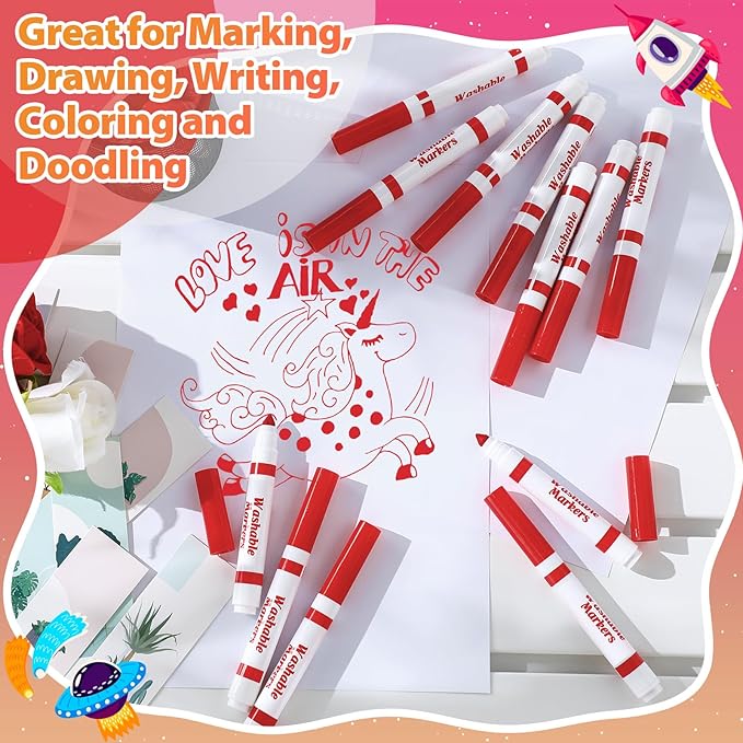 Janlaugh 24 Pcs Washable Markers Bulk Broad Line Markers Coloring Conical Tip Large pens for art projects, Teachers, Party Favors, Donations(Red)