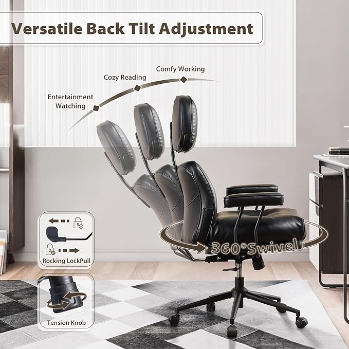 HOOOWOOO Ergonomic Office Chair,Mid Century Modern Computer Desk Chair,Comfy Executive Chair with Extra Wide Tufted Cloudy Seat Lumbar Support High Reclining Back,PU Leather Black