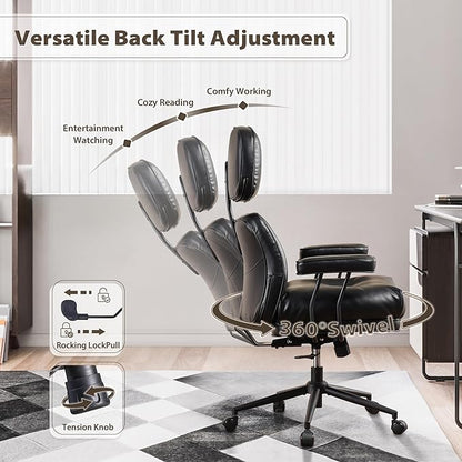 HOOOWOOO Ergonomic Office Chair,Mid Century Modern Computer Desk Chair,Comfy Executive Chair with Extra Wide Tufted Cloudy Seat Lumbar Support High Reclining Back,PU Leather Black