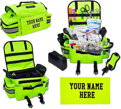 Lightning X Personalized First Responder EMT EMS Trauma Bag w/Stocked First Aid Fill Kit B & Custom Embroidered Name Patch (Fluorescent Yellow)