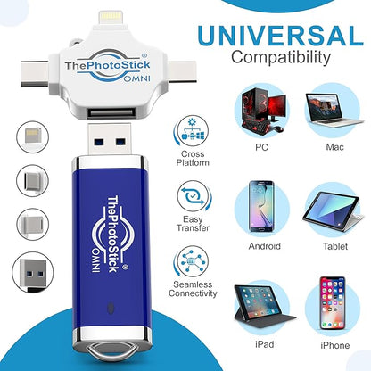 ThePhotoStick® Omni 256GB USB Flash Drive & Memory Stick – Photo & Video Backup for iPhone, Android, Mac & PC – Multiport Connection to Easily Store & Transfer Files