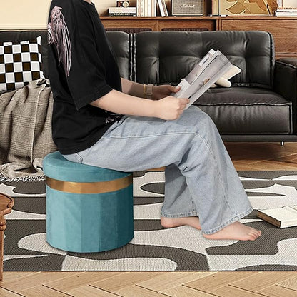 Small Ottoman with Storage,Folding Round Ottoman with Gold Trim,Velvet Storage Stool,Foot Stool with Soft Padded,Foot Rest for Living Room13“x13”x12.4(Blue,1pcs)