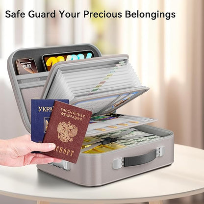Fireproof Document Box, Hard Case Fireproof Box with Lock, Portable Hard-Shell Fireproof Water Resistant Document Safe for Important Documents, Laptops, Passports, Files and More (Gray)