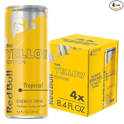 Red Bull Yellow Edition Energy Drink, Tropical, with 80mg Caffeine plus Taurine & B Vitamins, 8.4 Fl Oz, Pack of 4 Cans