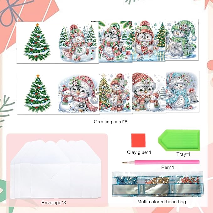 8pcs Christmas Diamond Painting Greeting Cards Christmas snowman & penguin, for Blessings and Wishes, Special Shape Crystal Partial Mosaic Making Craft, Paper Material, DIY Gifts for Holiday