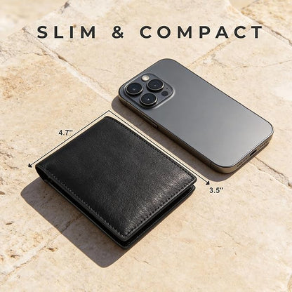 Billfold Wallet for Men: RFID Blocking Genuine Leather Slim Bifold, 12 Card Slots & 2 ID Windows with Gift Box, Black