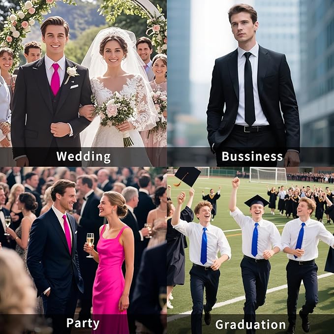 HISDERN Mens Solid Color Ties Formal Satin Necktie and Pocket Square Set Classic Wedding Business Tie & Handkerchief