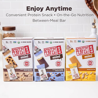 Perfect Bar Mini, Peanut Butter and Dark Chocolate Chip Peanut Butter Variety Pack, Protein Snack, Snack Bar, Organic, Gluten Free, Soy Free, Non GMO, No Sugar Alcohols, 18 count, .88 oz