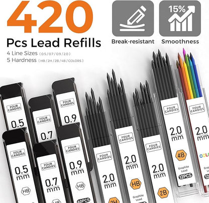 Four Candies Metal Mechanical Pencil Set, 3PCS Art Drafting Pencils 0.5, 0.7, 0.9MM & 2PCS 2MM Mechanical Drawing Pencils with 420PCS Leads (4B 2B HB 2H Color) for Writing Sketching Drawing (Silver)