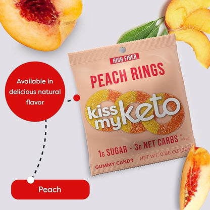 Kiss My Keto Sugar Free Gummies, Peach Rings 16-Pack – Satisfy Cravings while Staying in Ketosis – High Fiber, 3g Net Carbs, Non-GMO, Vegan, & No Gluten – Calorie-Friendly Vegan Candy