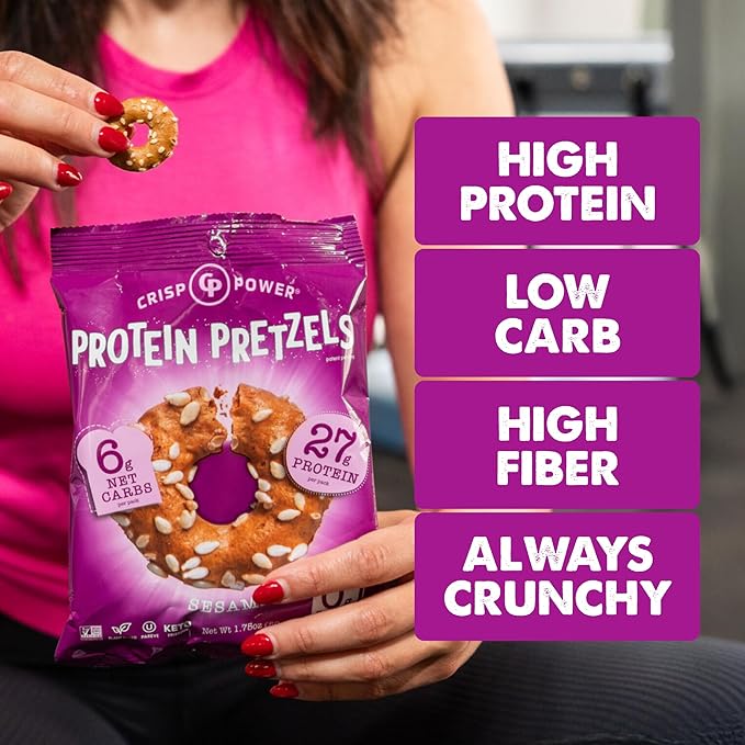 Crisp Power Protein Pretzels, Sesame, High Protein Vegan Keto Snack, 27 G Plant Based Protein, Low Carb Crunchy Pretzel Snacks, No Added Sugar, No Seed Oils, 1.75 oz Bags, 6 Pack