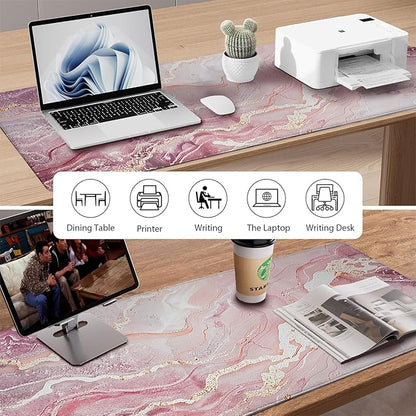 Pink Gold Marble Patterns Desk Mat, Large Gaming Mouse Pad Non-Slip Rubber Base with Stitched Edges, Waterproof Protection for PC Laptop Home Office Desk Decor (31.5x11.8in)