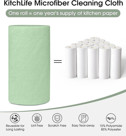 KitchLife Microfiber Cleaning Cloth Roll, 100 Pack - Tear-Away Microfiber Paper Towels, Lint-Free, Reusable, Washable for Kitchen, Car, Dishes, and Sensitive Surfaces (Bean Green)