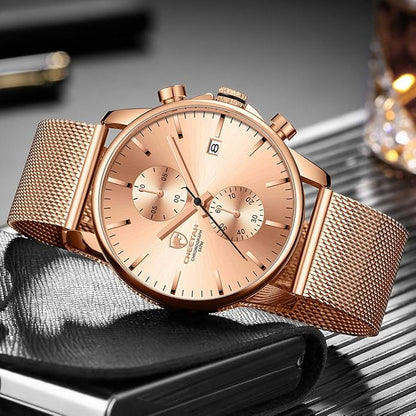 GOLDEN HOUR Mens Watch Fashion Sleek Minimalist Quartz Analog Mesh Stainless Steel Waterproof Chronograph Watches for Men with Auto Date