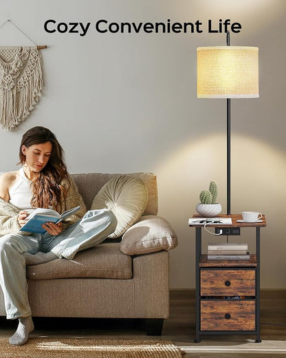 JACKYLED Floor Lamp with Table & 2 Drawers, 3-Color End Table Flood Lamp with Charging Station (USB, Type-C, AC), Vintage Side Table with Lamp for Reading, Bedroom, Living Room, Paper String Shade
