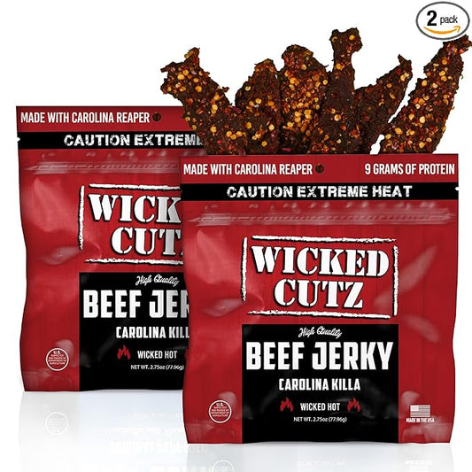 Wicked Cutz Carolina Killa Super Spicy Beef Jerky, 27g Protein Per Bag, Tender & Easy to Chew Alternative to Beef Sticks with Carolina Reapers, USA Made High Protein Carnivore Snacks (2 Bags)