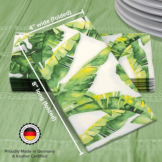 SimuLinen Paper Towels - Decorative Tropical Banana Leaves Design –- Cloth-Like, Linen-Feel for Guest Bathroom Essentials, Size: 12x17” (Pack of 300) Made in Germany