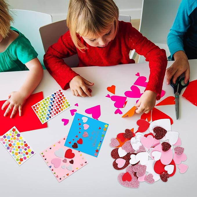 Zonon 16 Pack Valentines Crafts DIY Card Valentines's Day Kits Foam Heart Sticker Craft DIY Kits Envelopes Cards Set for Exchange Gifts (Colorful)