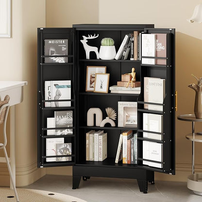 51" Metal Kitchen Pantry Cabinet, Storage Cabinets with 2 Door and 3 Adjustable Shelves, Black Freestanding Food Storage Cabinet, Steel Cupboard for Kitchen Dinning Room