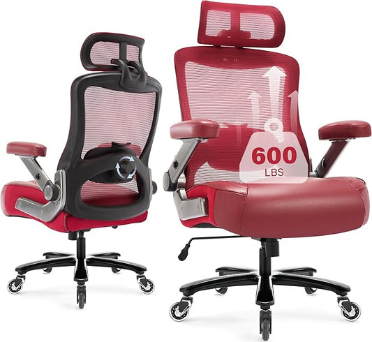 600lbs Big and Tall Office Chair- Heavy Duty Executive Computer Chair with 3D Flip Arms Large Wheels, Ergonomic Mesh High Back Desk Chair, Extra Wide Seat Adjustable Lumbar Support&Headrest