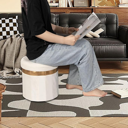 Small Ottoman with Storage,Folding Round Ottoman with Gold Trim,Velvet Storage Stool,Foot Stool with Soft Padded,Foot Rest for Living Room13“x13”x12.4(Beige,1pcs)