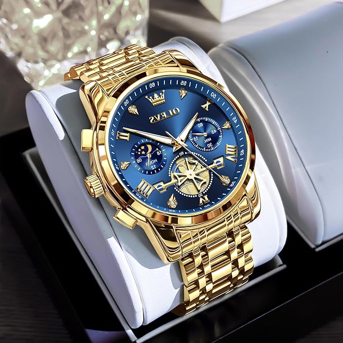 OLEVS Men Watches Stainless Steel Chronograph Watch, Large Wrist Analog Quartz Watch, Fashion Waterproof Diamond Roman Numerals Dress Watches for Men, Gold/Black/White/Blue/Grey Dial